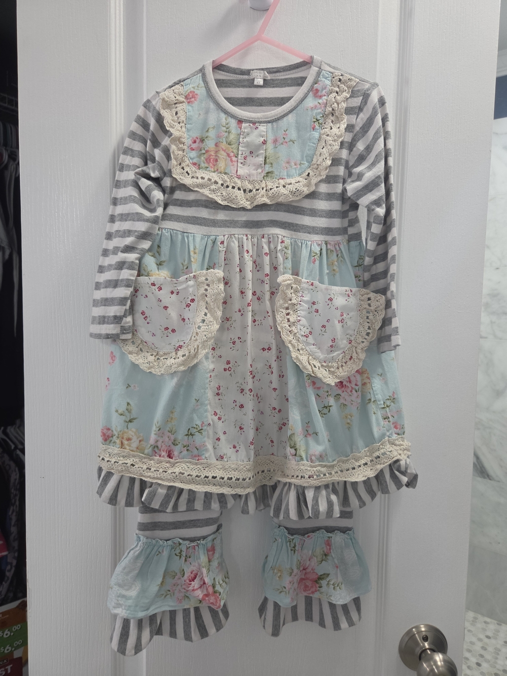 Girls Gray Stripe and Floral Ruffle Pajama Set - Light Blue